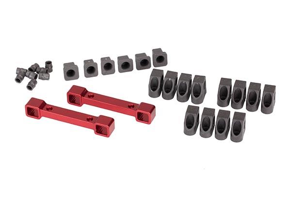 Traxxas Mounts, suspension arms, aluminum (red-anodized) (front & rear)/ hinge pin retainers (12)/ inserts (6)