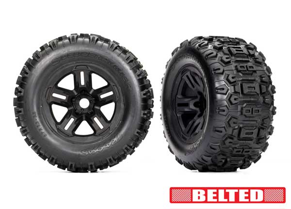 Traxxas Tires & wheels, assembled, glued (3.8" black wheels, BELTED Sledgehammer® tires, foam inserts) (2)