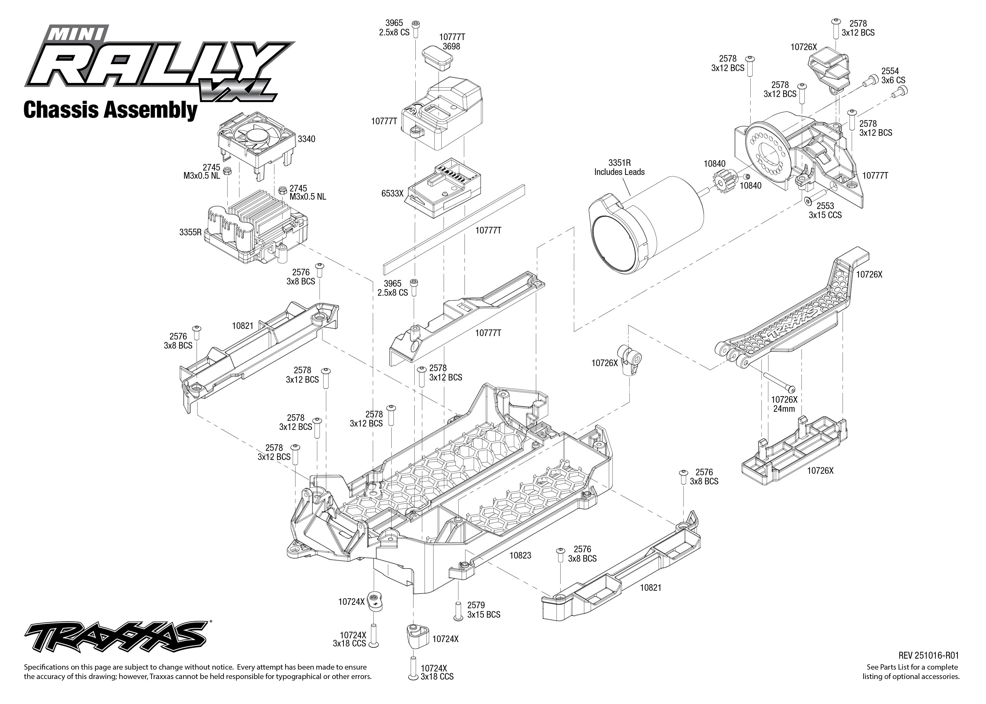 Traxxas Mini Rally VXL Ford RS200 (108046-1) Chassis Assembly Exploded View