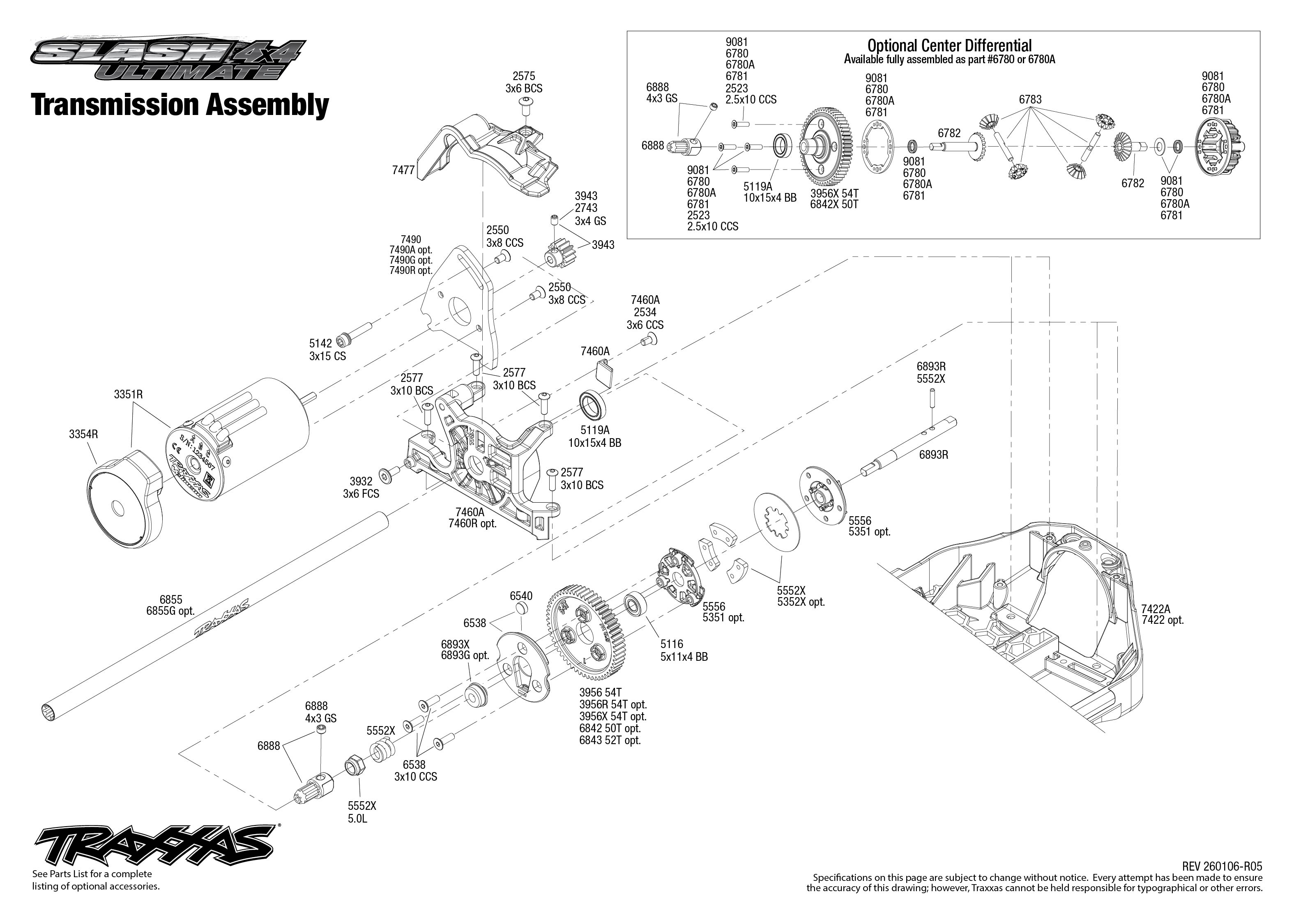 Traxxas Slash 4X4 Ultimate (68277-4) Transmission Assembly Exploded View