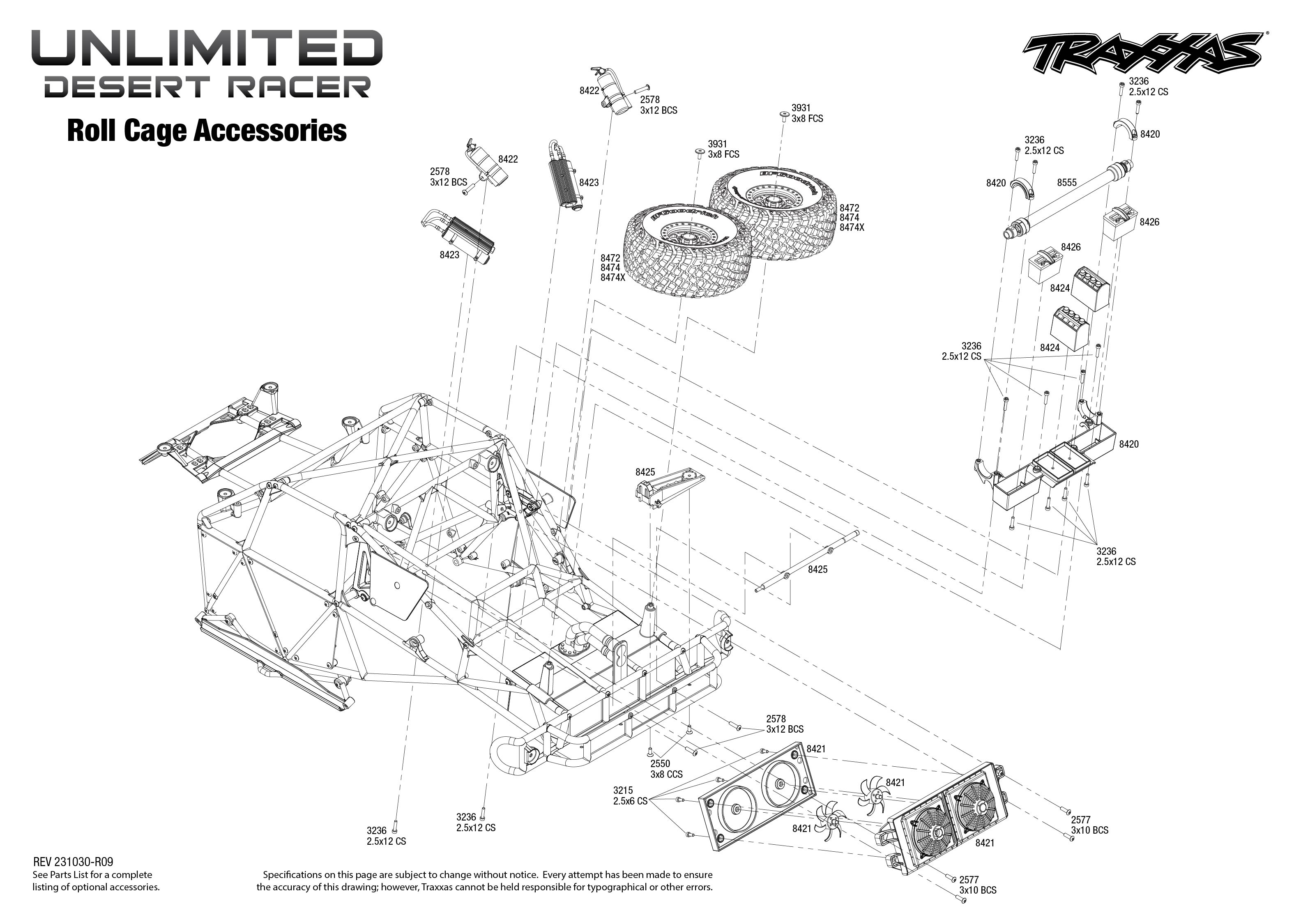 Traxxas Unlimited Desert Racer (85086-4) Roll Cage Accessories Exploded View