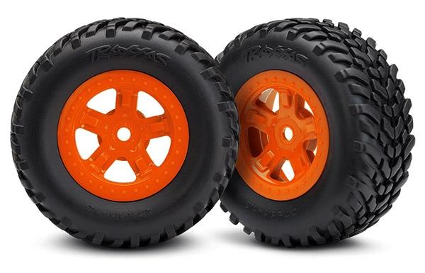 Traxxas Tires and wheels assembled glued, SCT orange wheels, SCT off-road racing tires (2) 1/18