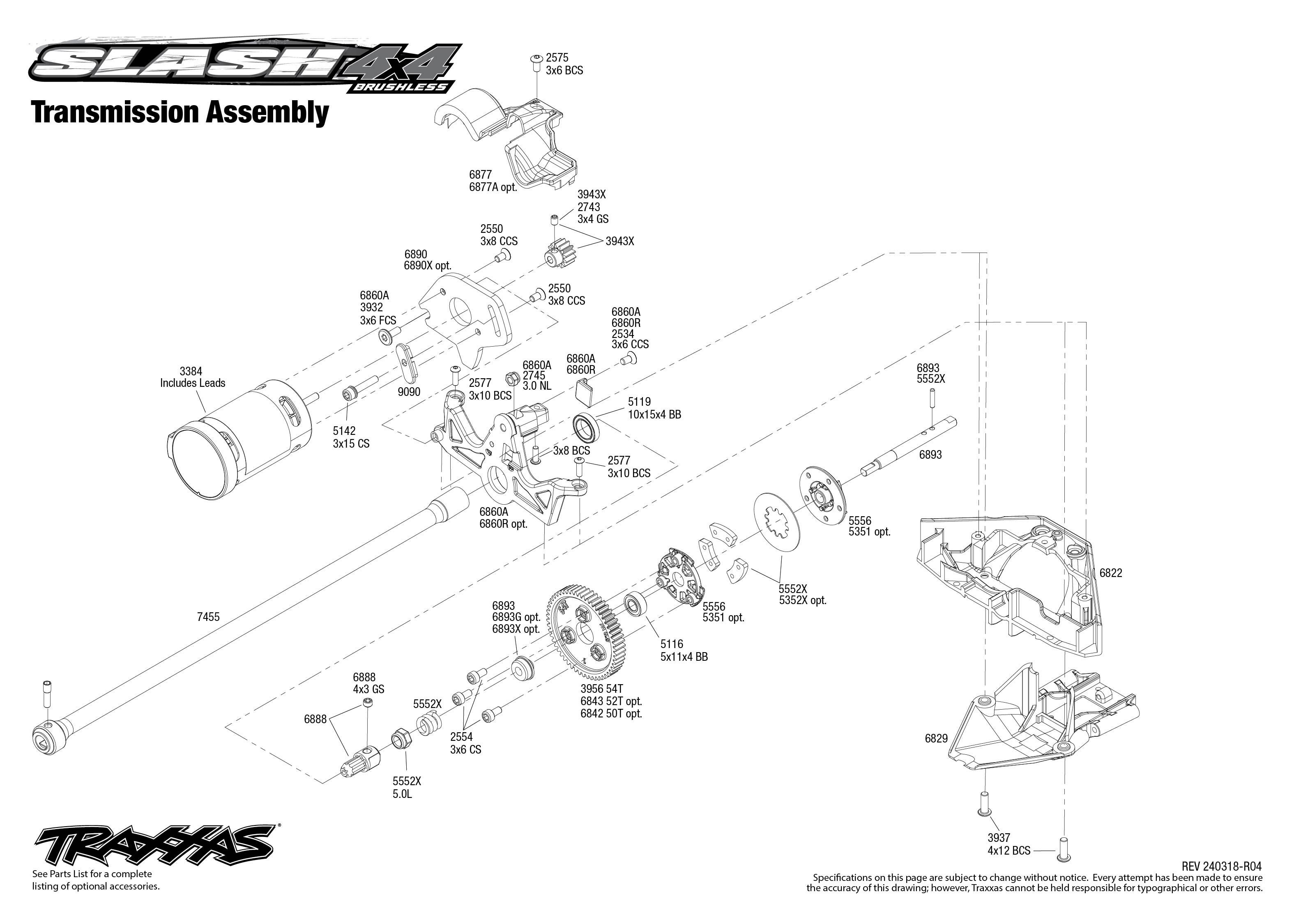 Traxxas Slash 4X4 Brushless (68154-4) Transmission Assembly Exploded View