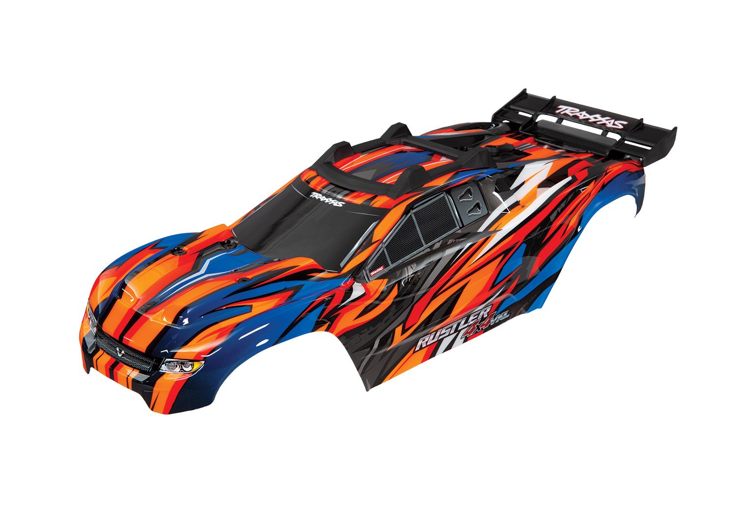 Traxxas Body Rustler 4X4 VXL orange/ window grille lights decal sheet (assembled with front & rear body mounts and rear body support for clipless mounting)