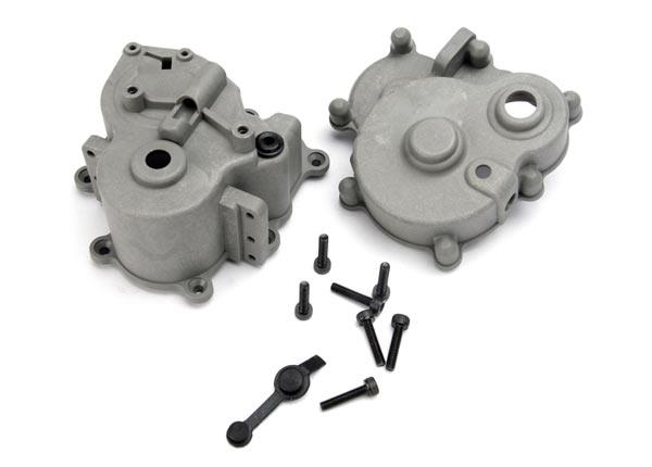 Traxxas Gearbox halves (F&R)/ rubber access plug/ shift detent ball/ spring/ 4mm GS/ shift shaft seal, glued