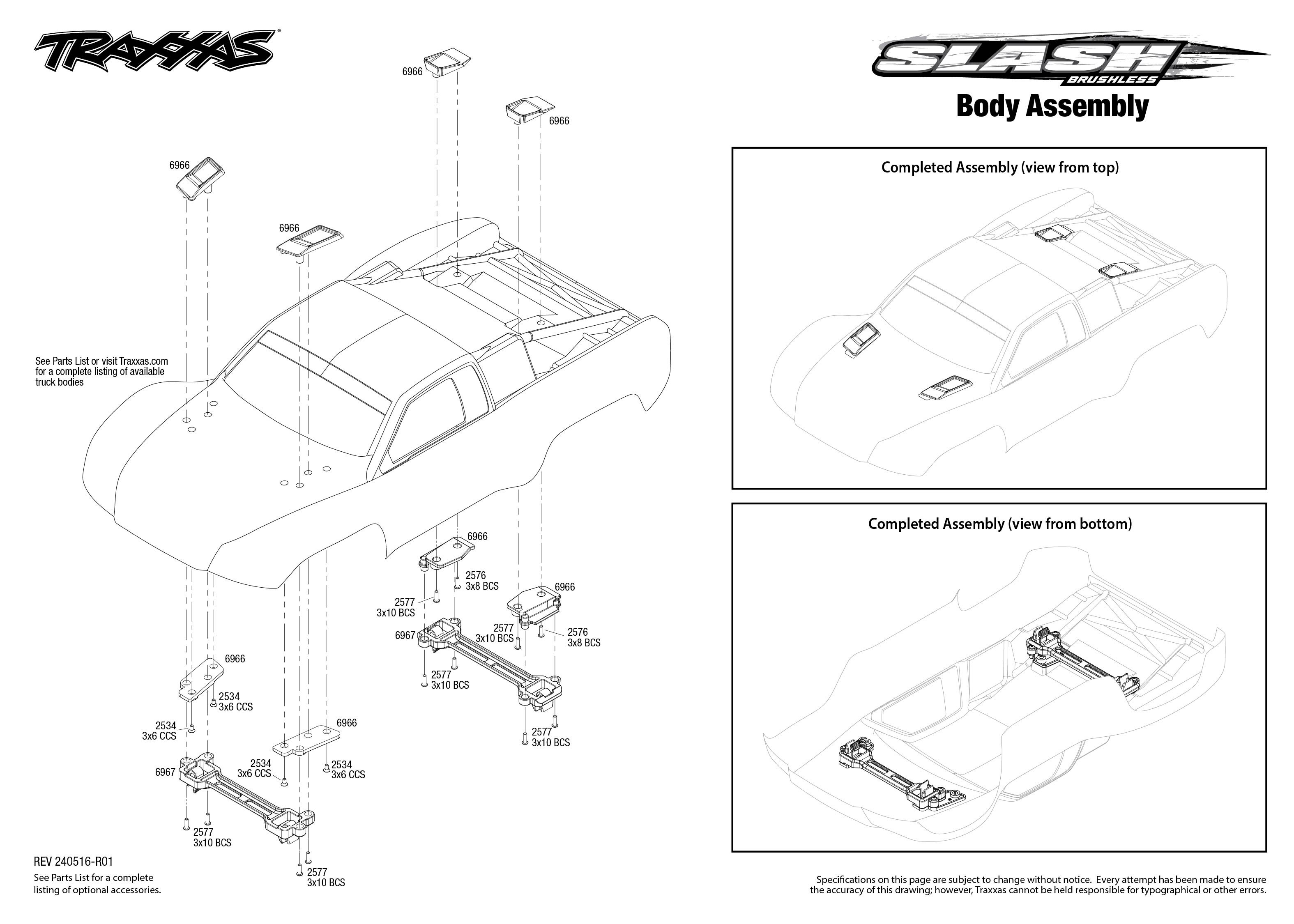 Traxxas Slash 2WD Brushless Unassembled Kit (58314-4) Body Assembly Exploded View