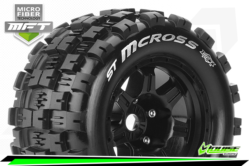 Louise RC MFT ST-Mcross 1/8 Stadium Truck Tire Set Mounted Sport Black 3.8 Bead Style Wheels 0'' Offset Hex 17mm (2)