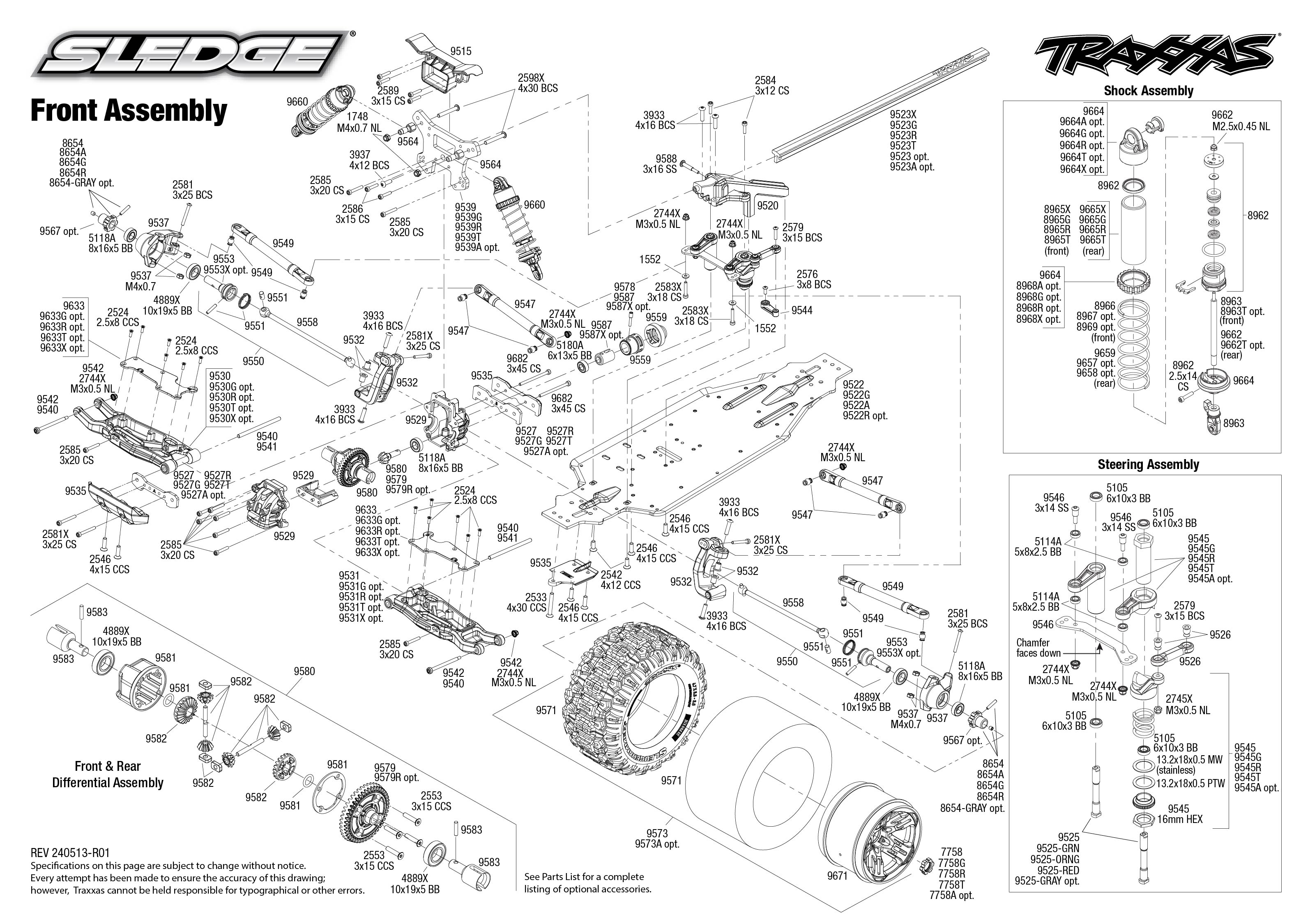Traxxas Sledge® (95096-4) Front Assembly Exploded View