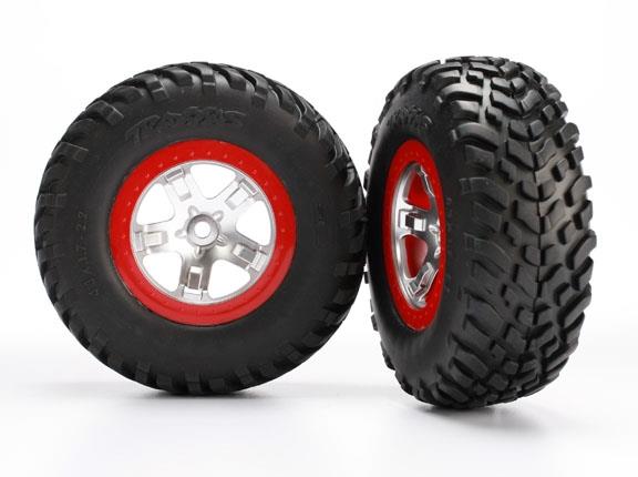 Traxxas Tires & wheels, assembled, glued (SCT, satin chrome, red beadlock wheels, ultra soft S1 compound off-road racing tires, foam inserts) (2) (2WD Rear, 4WD F/R)