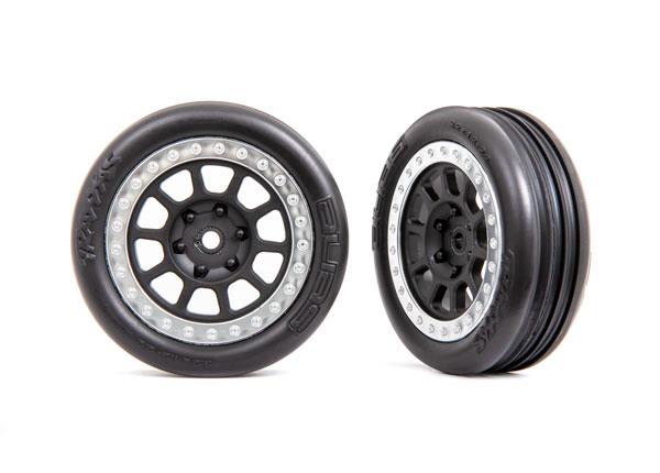 Traxxas Tires & wheels assembled (2.2' graphite gray satin chrome beadlock wheels Alias ribbed 2.2' tires) (2) (Bandit front medium compound with foam inserts)
