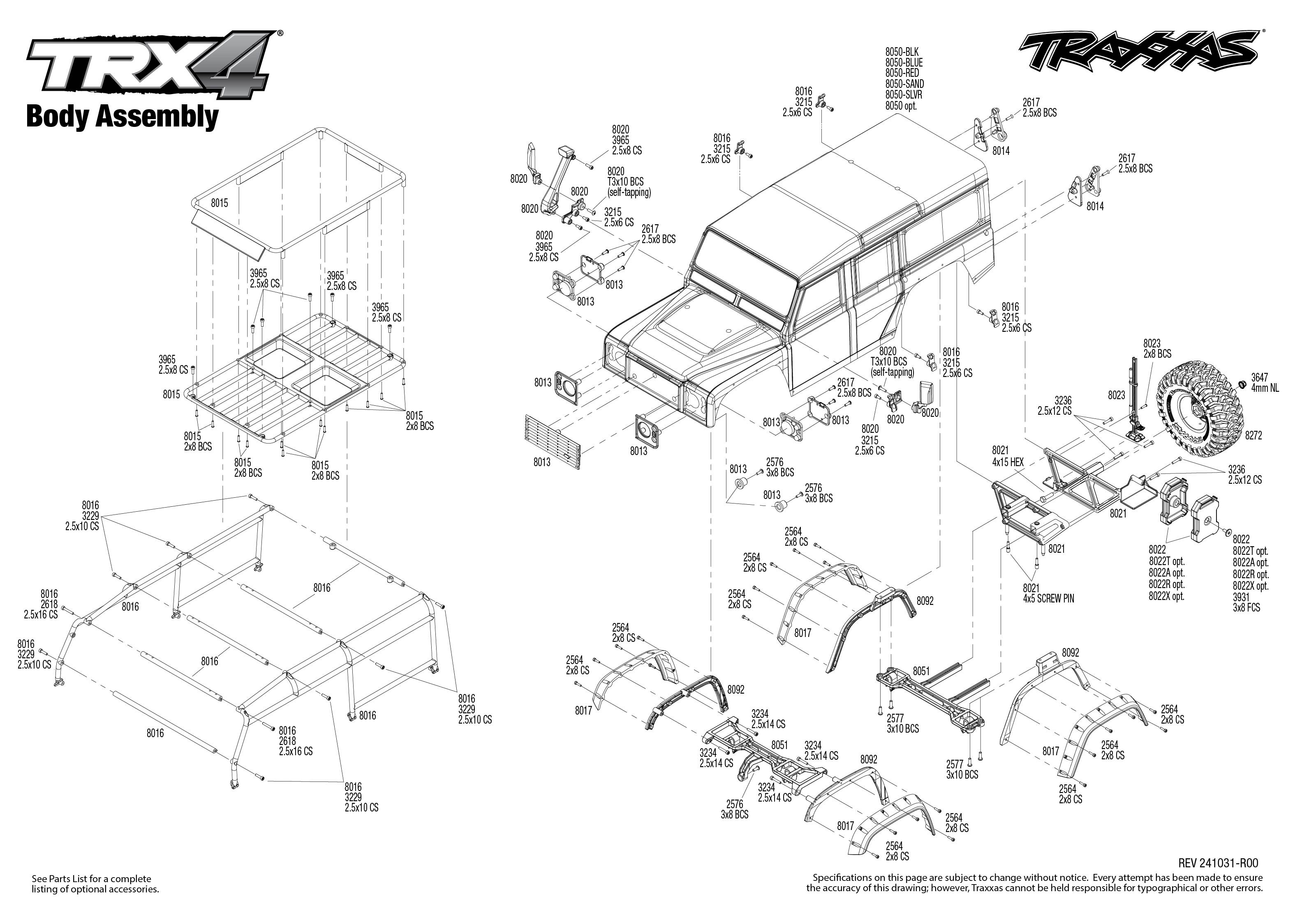 Traxxas TRX-4 Defender Scale and Trail Crawler (82256-4) Body Assembly Exploded View