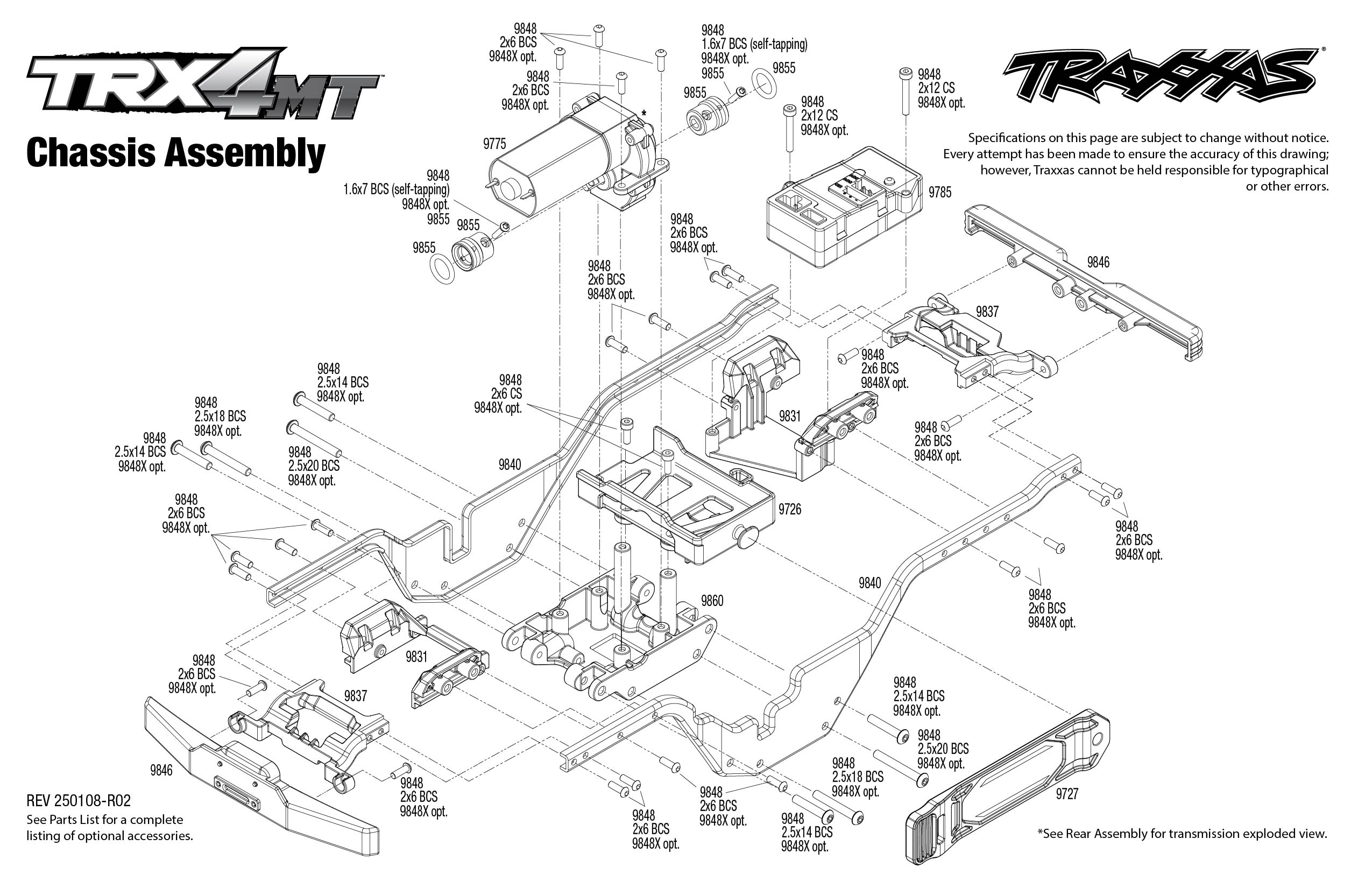 Traxxas TRX-4MT Ford F-150 Monster Truck (98044-1) Chassis Assembly Exploded View