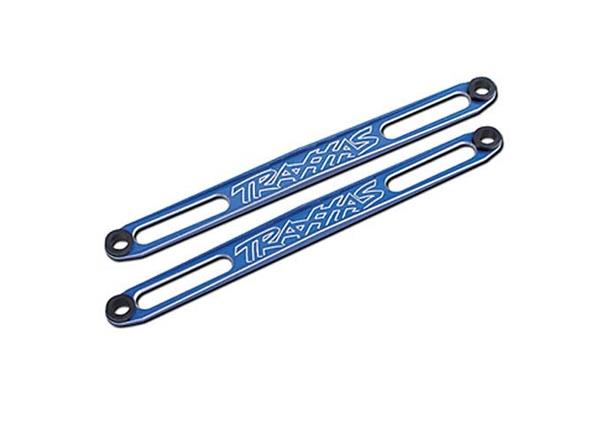 Traxxas Hold downs, battery (blue-anodized) (2)/ adhesive foam battery pads/ shoulder screws (2)/battery hold-down posts (4)/ clips (4)