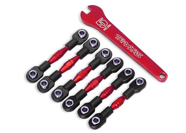 Traxxas Turnbuckles, aluminum (red-anodized), camber links, 32mm (front) (2)/ camber links, 28mm (rear) (2)/ toe links, 34mm (2)/ aluminum wrench