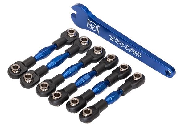 Traxxas Turnbuckles, aluminum (blue-anodized), camber links, 32mm (front) (2)/ camber links, 28mm (rear) (2)/ toe links, 34mm (2)/ aluminum wrench
