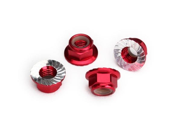 Traxxas Nuts 5mm flanged nylon locking (aluminum red-anodized serrated) (4)
