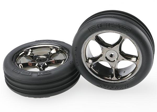 Traxxas Tires & wheels, assembled (Tracer 2.2" black chrome wheels, Alias® ribbed 2.2" tires) (2) (Bandit front, medium compound w/ foam inserts)