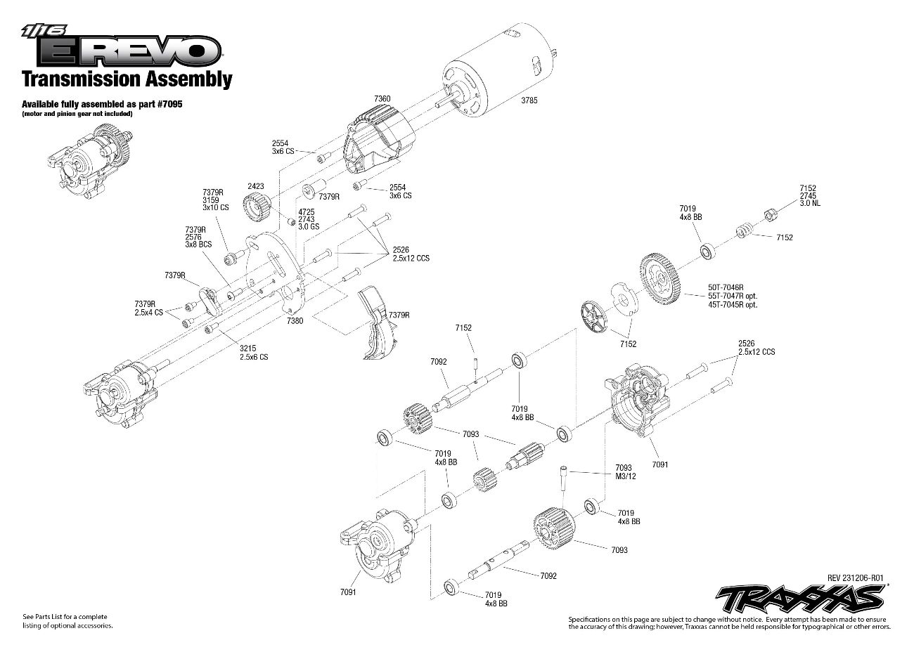 Traxxas 1/16 E-Revo (71054-8) Transmission Assembly Exploded View