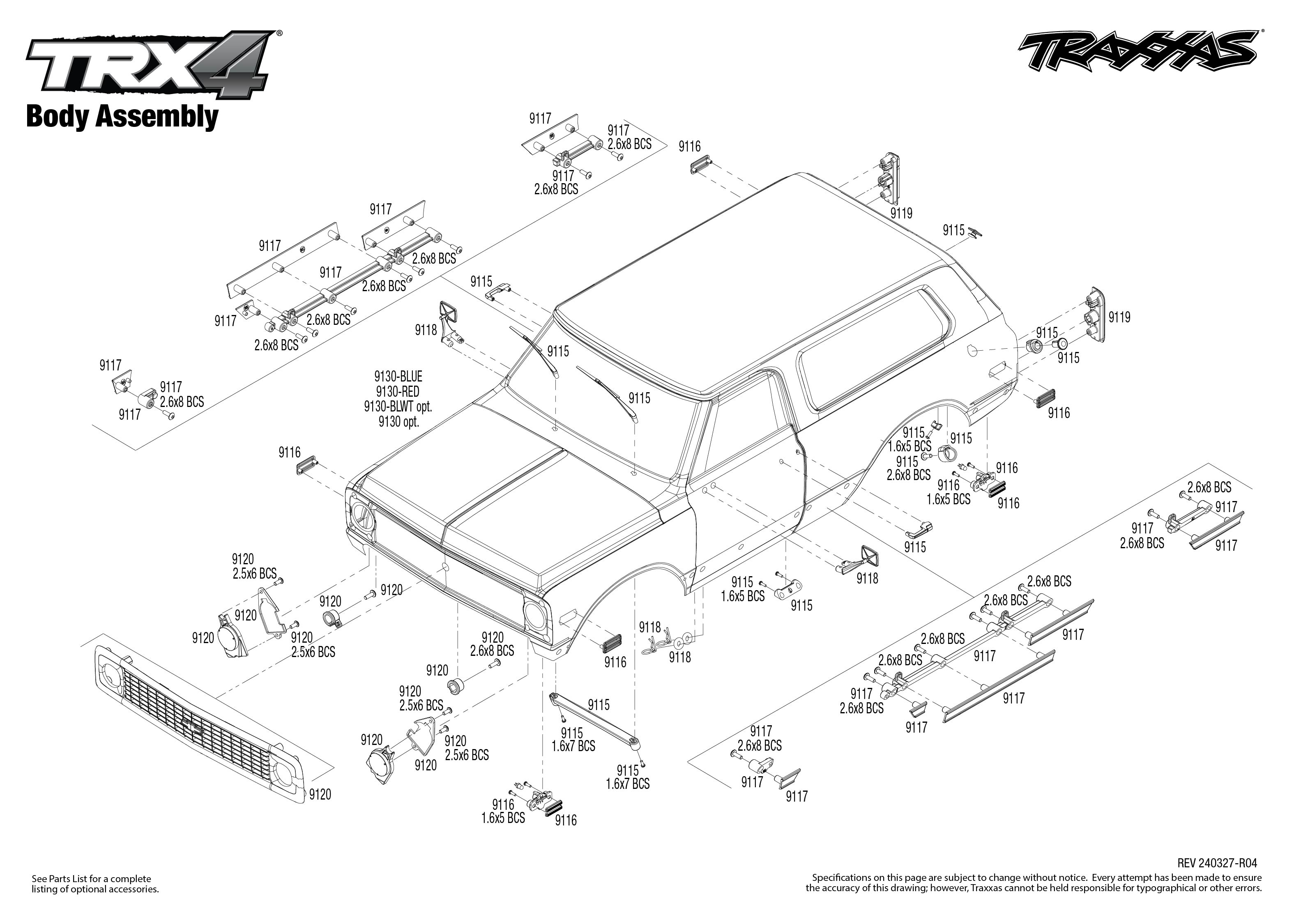 Traxxas TRX-4 1972 Chevrolet K5 Blazer High Trail Edition (92086-4) Body Assembly Exploded View