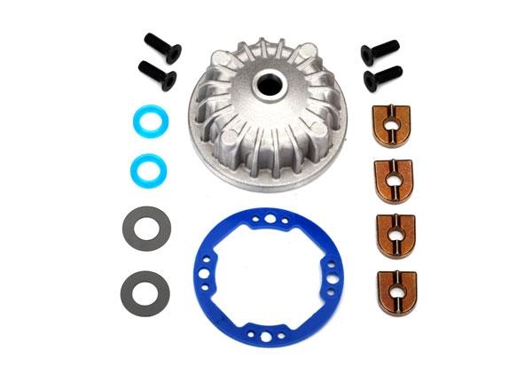 Traxxas Housing, center differential (aluminum)/ x-ring gaskets (2)/ ring gear gasket/ bushings (2)/ 5x10x0.5 PTFE-coated washer/ 2.5x8 CCS (4)