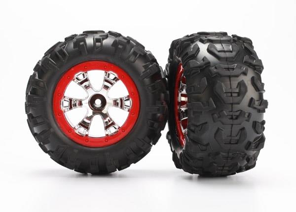 Traxxas Tires & wheels, assembled, glued (Geode chrome, red beadlock style wheels, Canyon AT tires, foam inserts) (2)