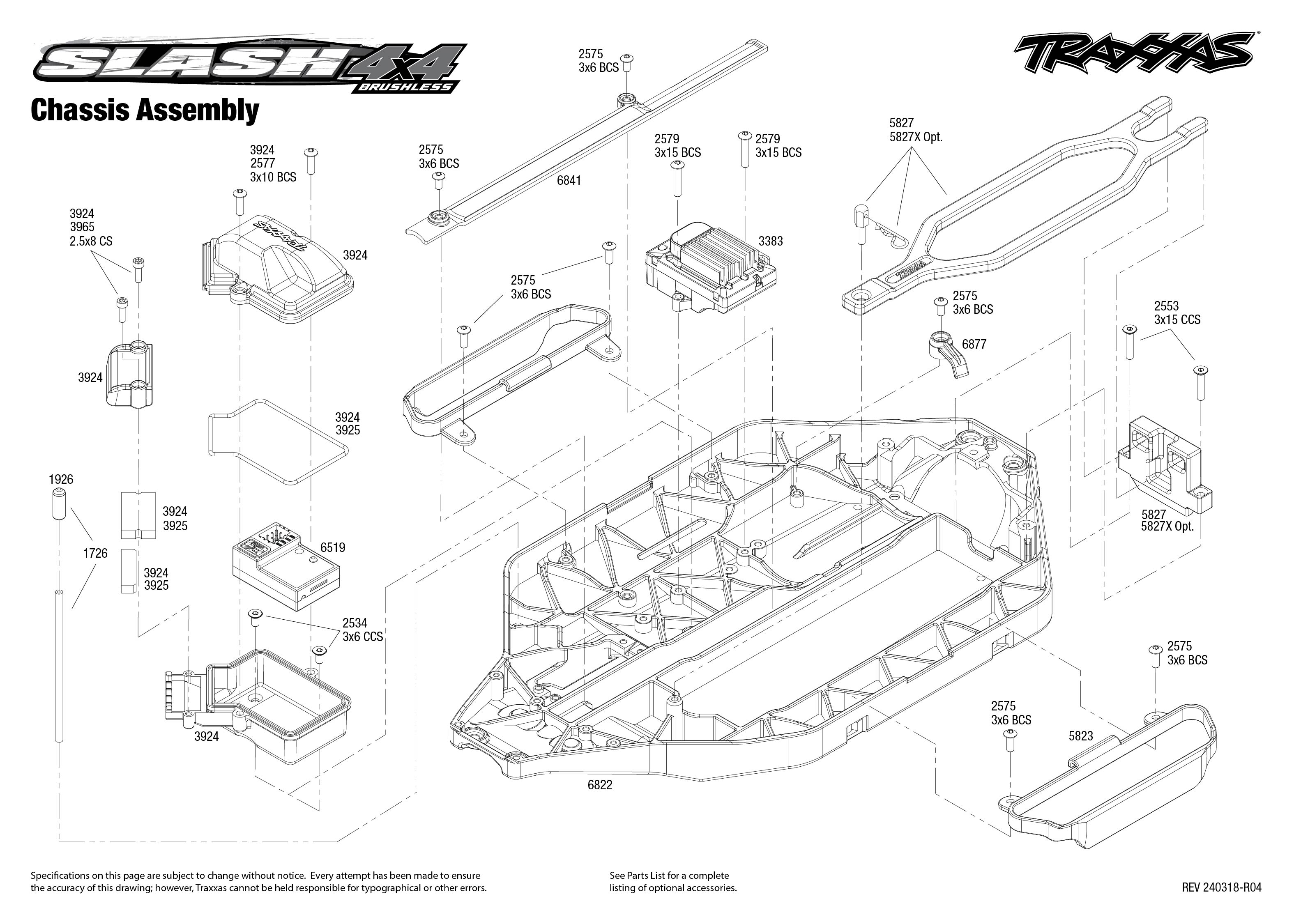 Traxxas Slash 4X4 Brushless (68154-4) Chassis Assembly Exploded View