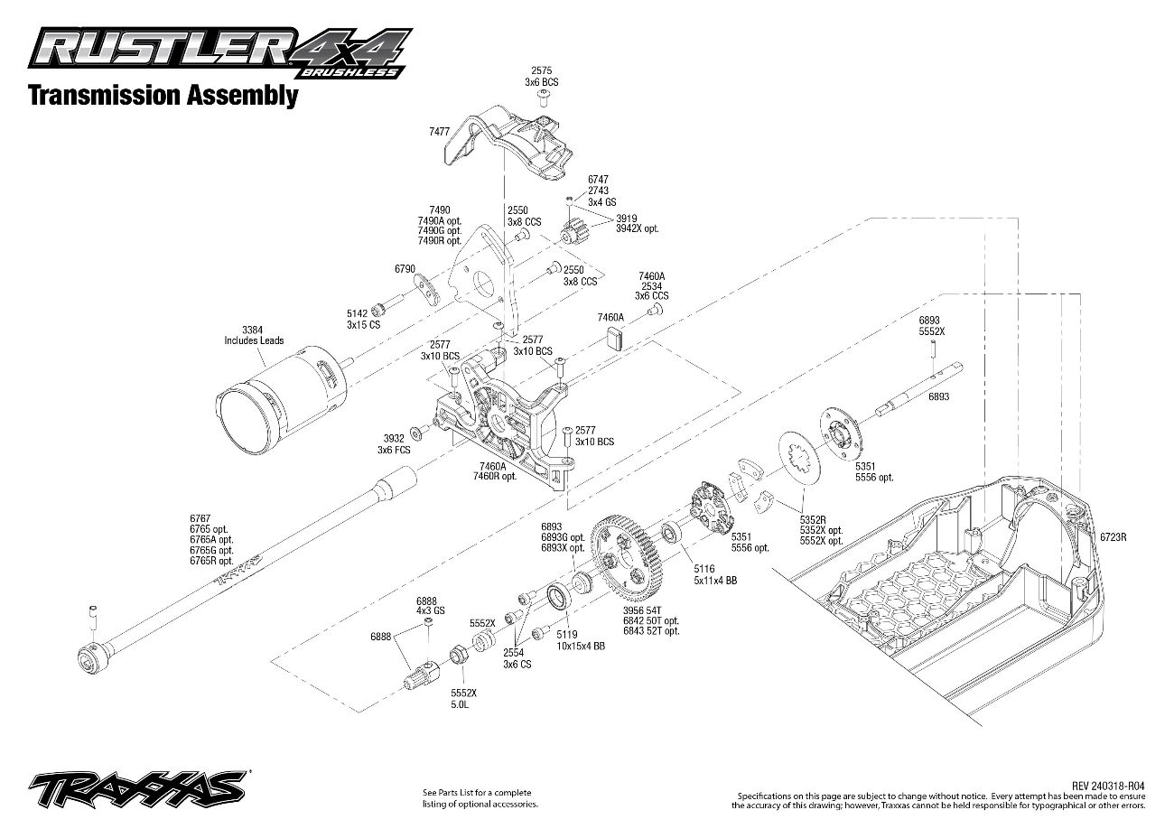 Traxxas Rustler 4X4 Brushless (67164-4) Transmission Assembly Exploded View