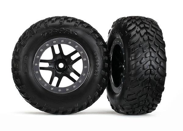 Traxxas Tires & wheels, assembled, glued (SCT Split-Spoke, black, satin chrome beadlock style wheel, dual profile (2.2" outer, 3.0" inner), SCT off-road racing tires, foam inserts) (2) (4WD f/r, 2WD rear) (TSM® rated)