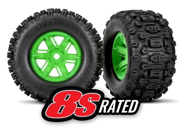 Traxxas Tires & wheels assembled glued (X-Maxx® green wheels Sledgehammer® tires foam inserts) (left & right) (2)