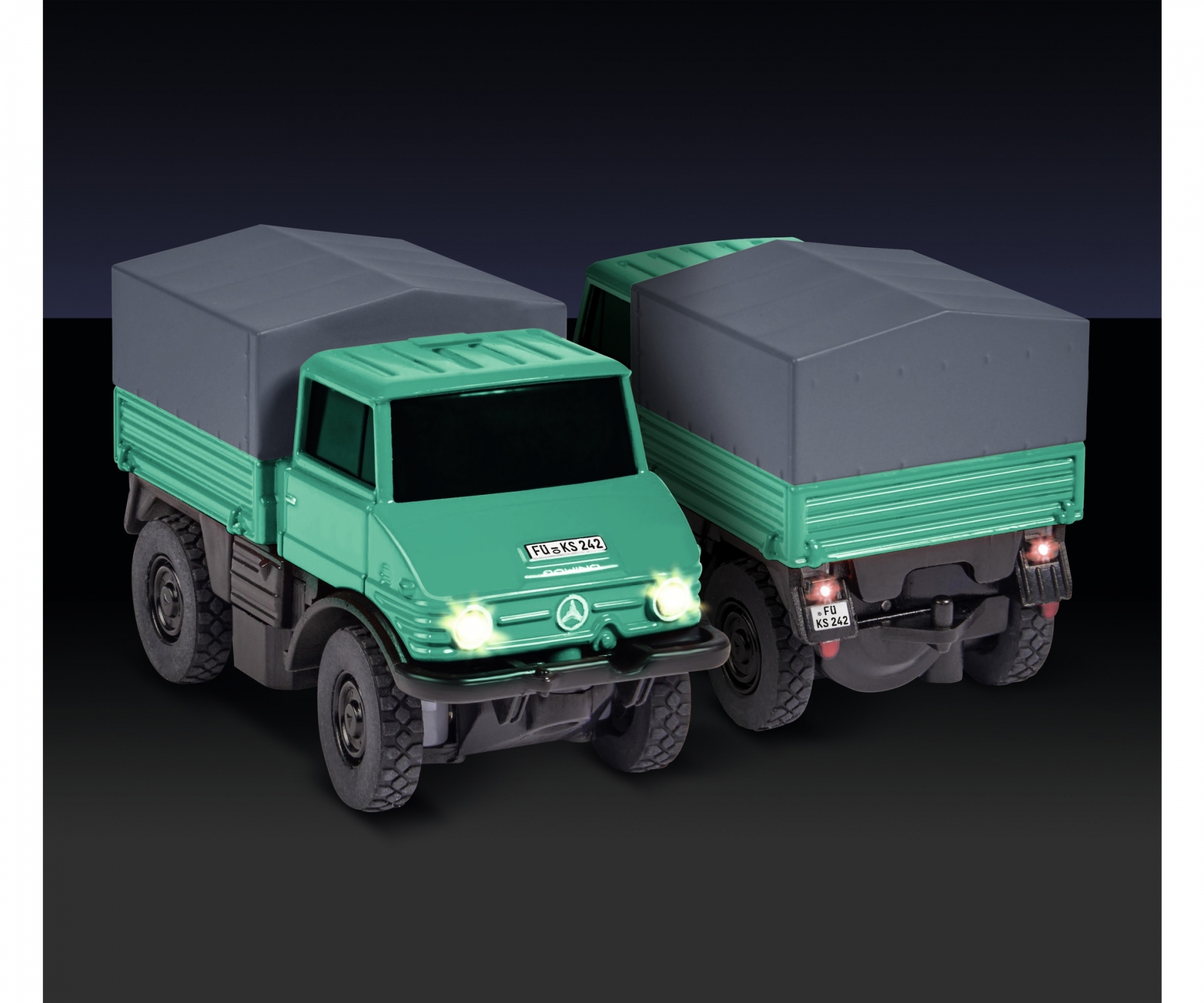Carson Mercedes Benz Unimog Forrest Green met Trailer RTR 1/87