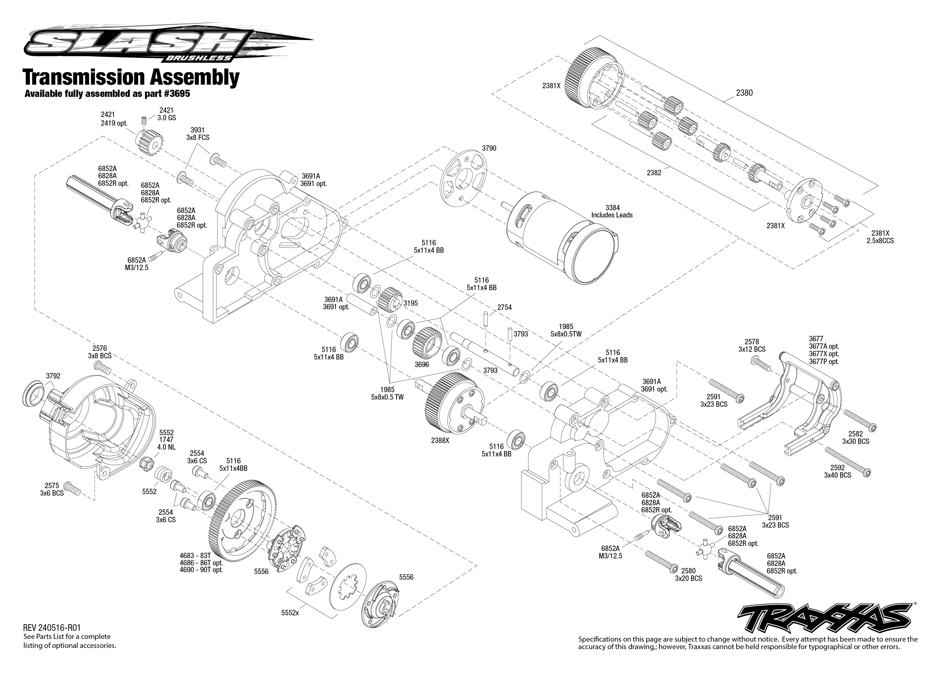 Traxxas Slash 2WD Brushless Unassembled Kit (58314-4) Transmission Assembly Exploded View