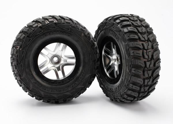 Traxxas Tire & wheel assy, glued (S1 compound) (SCT Split-Spoke satin chrome, black beadlock style wheels, Kumho tires, foam inserts) (2) (2WD front)