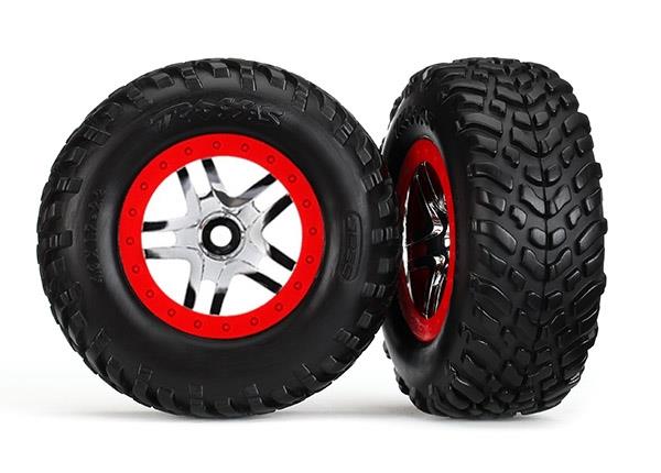 Traxxas Tires & wheels, assembled, glued (SCT Split-Spoke chrome, red beadlock style wheels, SCT off-road racing tires, foam inserts) (2) (4WD f/r, 2WD rear) (TSM® rated)