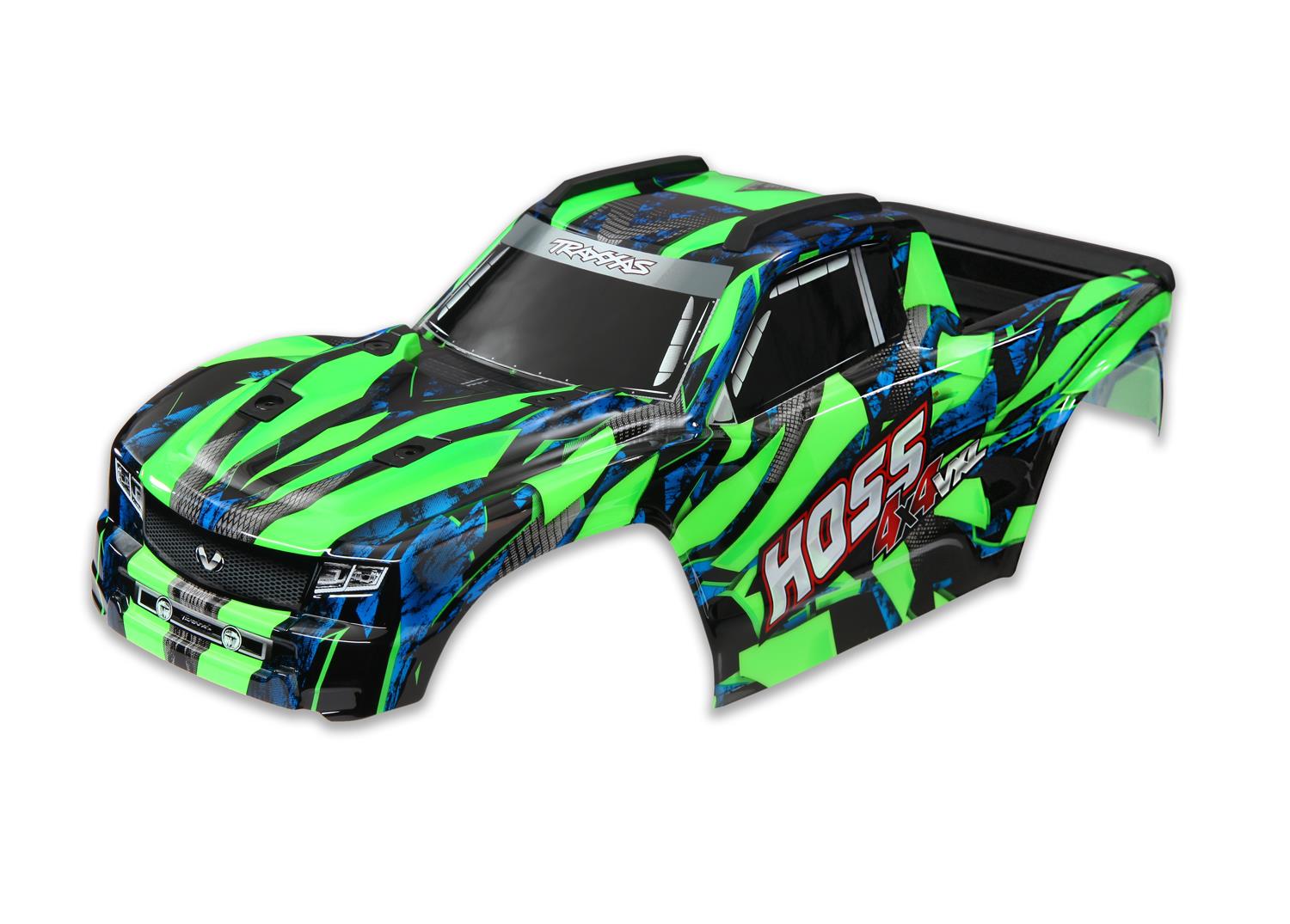 Traxxas Body Hoss 4X4 VXL green/ window grille lights decal sheet (assembled with front & rear body mounts and rear body support for clipless mounting)