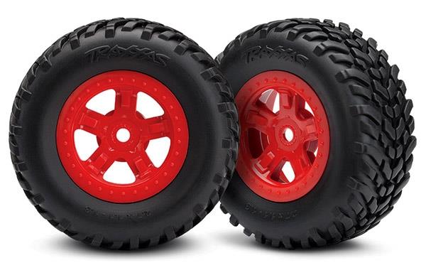 Traxxas Tires and wheels assembled glued, SCT red wheels, SCT off-road racing tires (2) 1/18