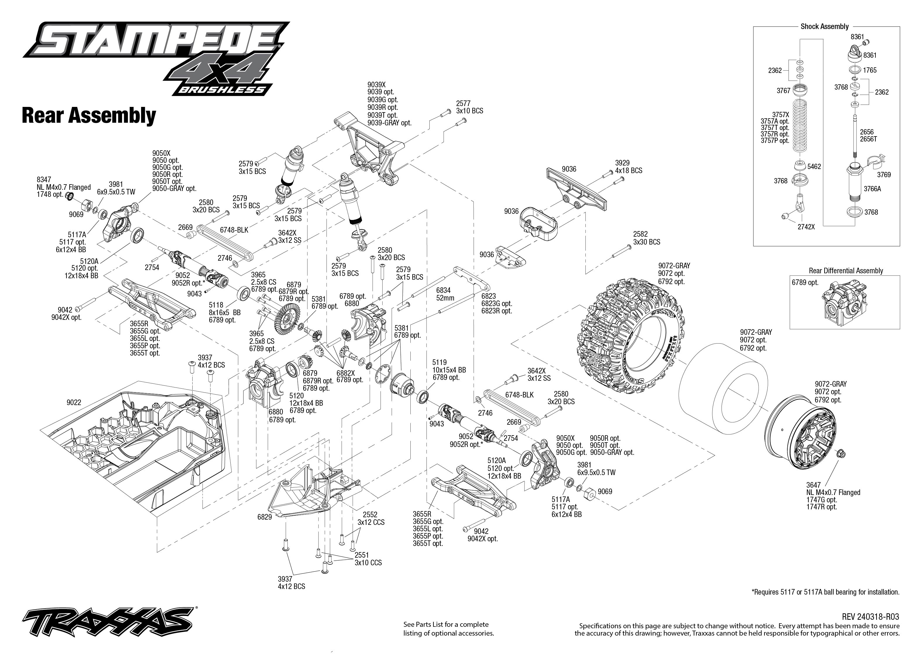 Traxxas Stampede 4X4 BL-2s (67154-4) Rear Assembly Exploded View