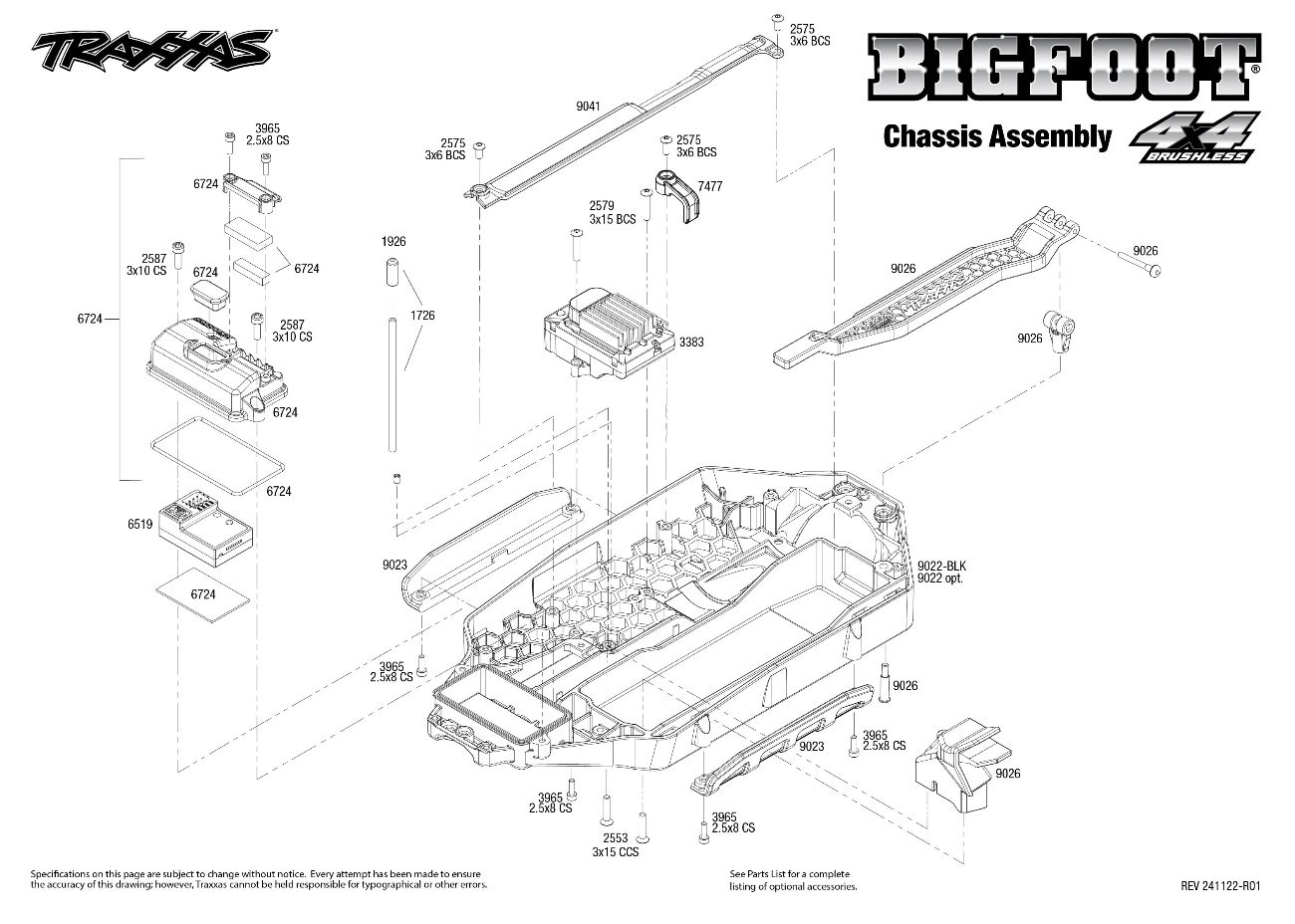Traxxas Bigfoot 4X4 Brushless (67134-4) Chassis Assembly Exploded View