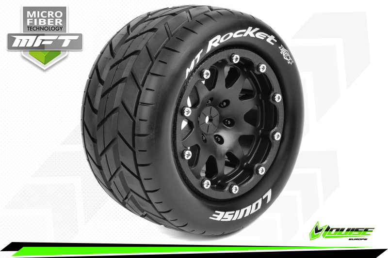 Louise RC MFT MT Rocket 1/10 Monster Truck Tire Set Mounted Black 2.8 Bead-Lock Wheels 0'' Offset Hex 12mm (2)