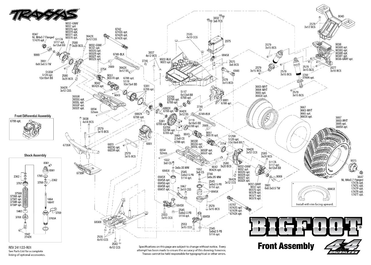 Traxxas Bigfoot 4X4 Brushless (67134-4) Front Assembly Exploded View