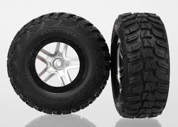 Traxxas Tire & wheel assy, glued (SCT Split-Spoke satin chrome, black beadlock style wheels, Kumho tires, foam inserts) (2) (4WD front/rear, 2WD rear only)