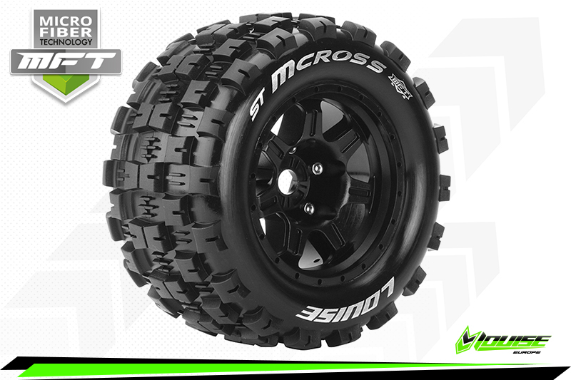 Louise RC MFT ST-Mcross 1/8 Stadium Truck Tire Set Mounted Sport Black 3.8 Bead Style Wheels 0'' Offset Hex 17mm (2)