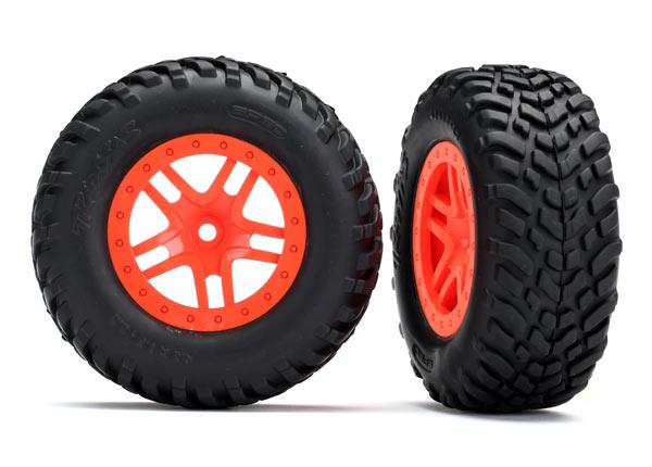 Traxxas Tires & wheels, assembled, glued (SCT Split-Spoke orange wheels, SCT off-road racing tires, foam inserts) (2) (4WD f/r, 2WD rear) (TSM® rated)