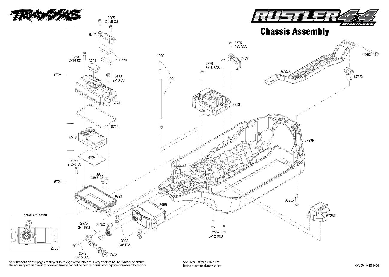 Traxxas Rustler 4X4 Brushless (67164-4) Chassis Assembly Exploded View