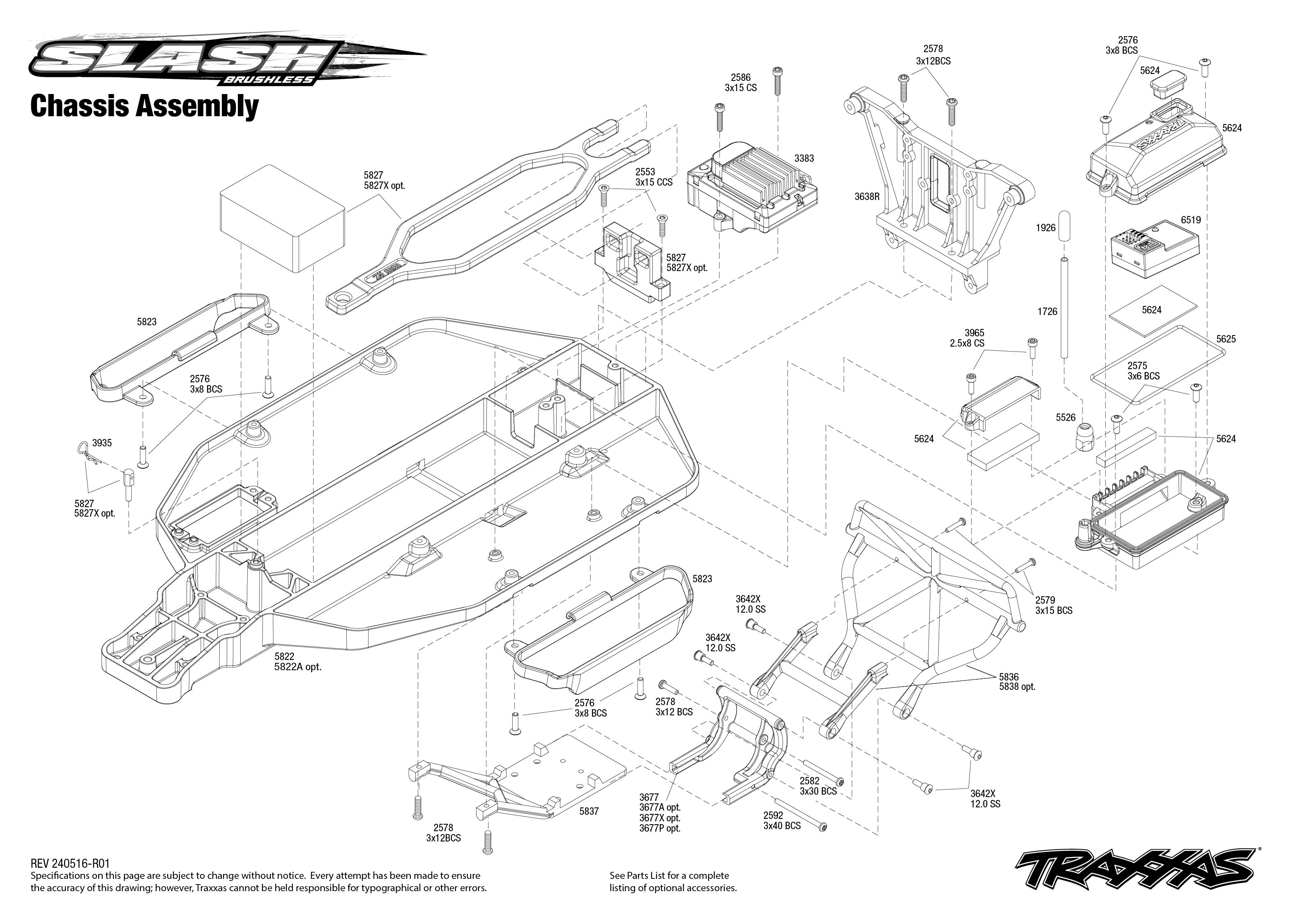 Traxxas Slash 2WD Brushless Unassembled Kit (58314-4) Chassis Assembly Exploded View