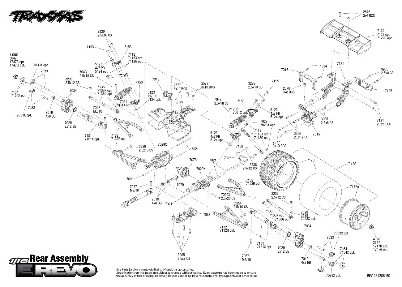 Traxxas 1/16 E-Revo (71054-8) Rear Assembly Exploded View
