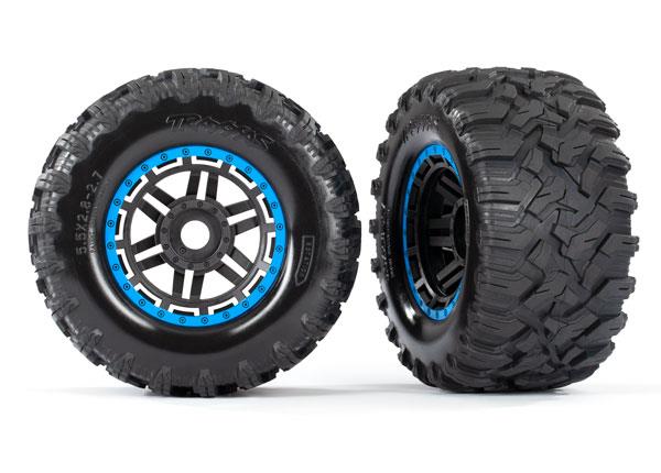 Traxxas Tires & wheels, assembled, glued (black, blue beadlock style wheels, Maxx MT tires, foam inserts) (2) (17mm splined) (TSM rated)