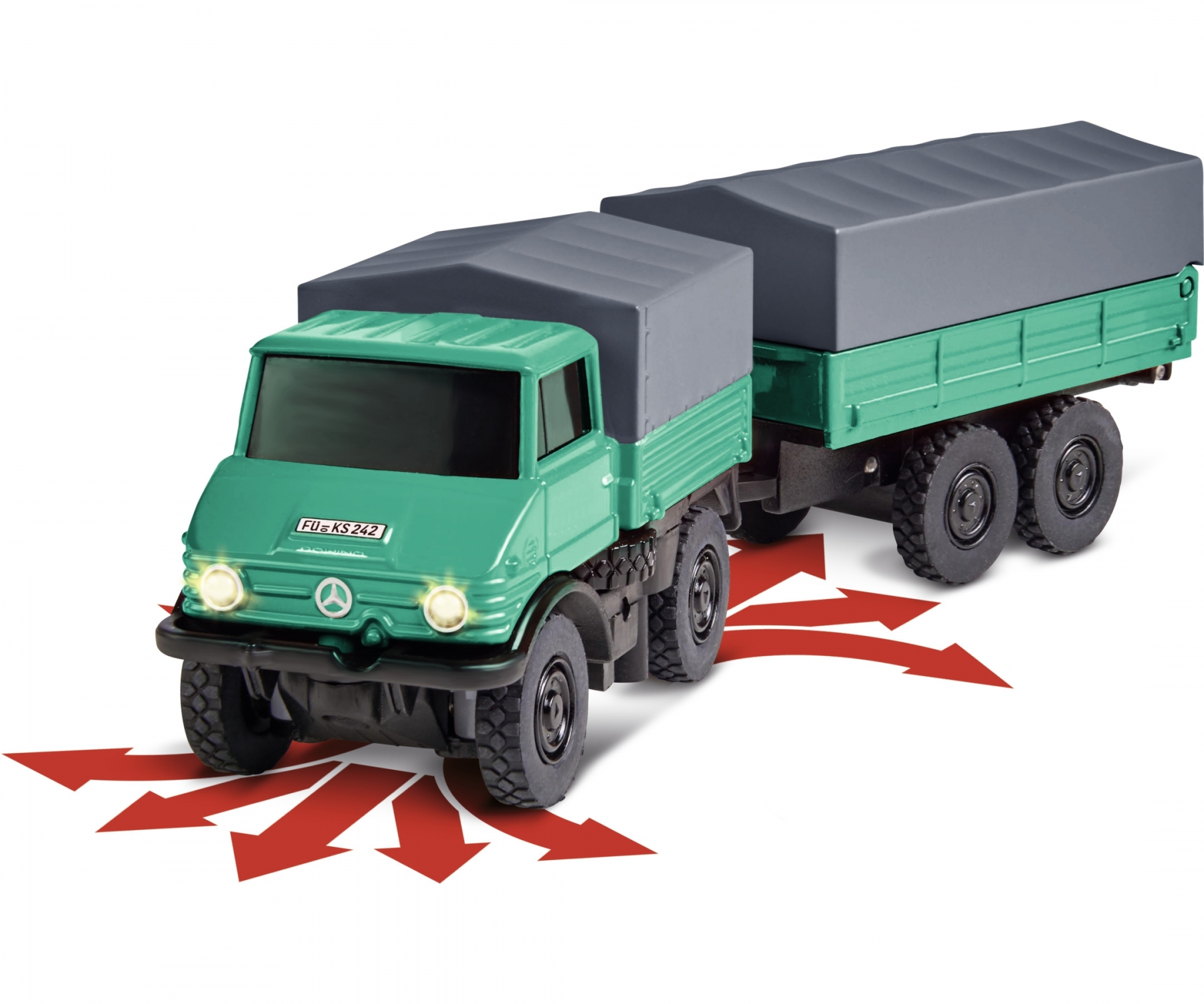 Carson Mercedes Benz Unimog Forrest Green met Trailer RTR 1/87