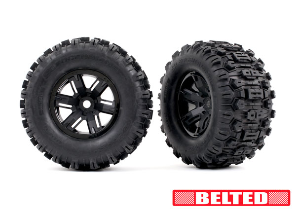 Traxxas Tires & wheels, assembled, glued (X-Maxx® black wheels, Sledgehammer® Belted tires, dual profile (4.3" outer, 5.7" inner), foam inserts) (left & right) (2)