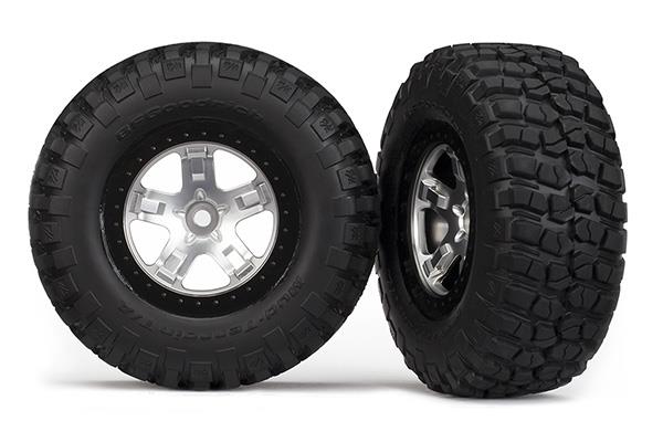 Traxxas Tire & wheel assy, glued (SCT satin chrome, black beadlock wheel, BFGoodrich® Mud-Terrain™ T/A® KM2 tire, insert) (2)(4WD front/rear, 2WD rear only)