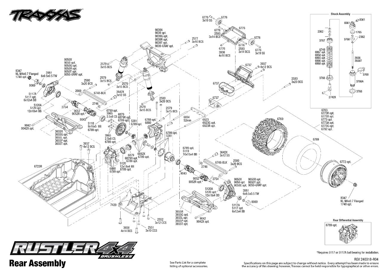 Traxxas Rustler 4X4 Brushless (67164-4) Rear Assembly Exploded View